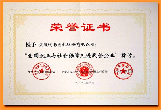 皖南電機:全國就業(yè)與社會保障先進民營企業(yè) 皖南電機:全國就業(yè)與社會保障先進民營企業(yè)